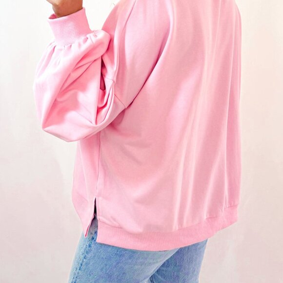 Light Pink Embroidered Bow Lantern Sleeve Oversized Pullover Sweatshirt - Picture 2 of 10